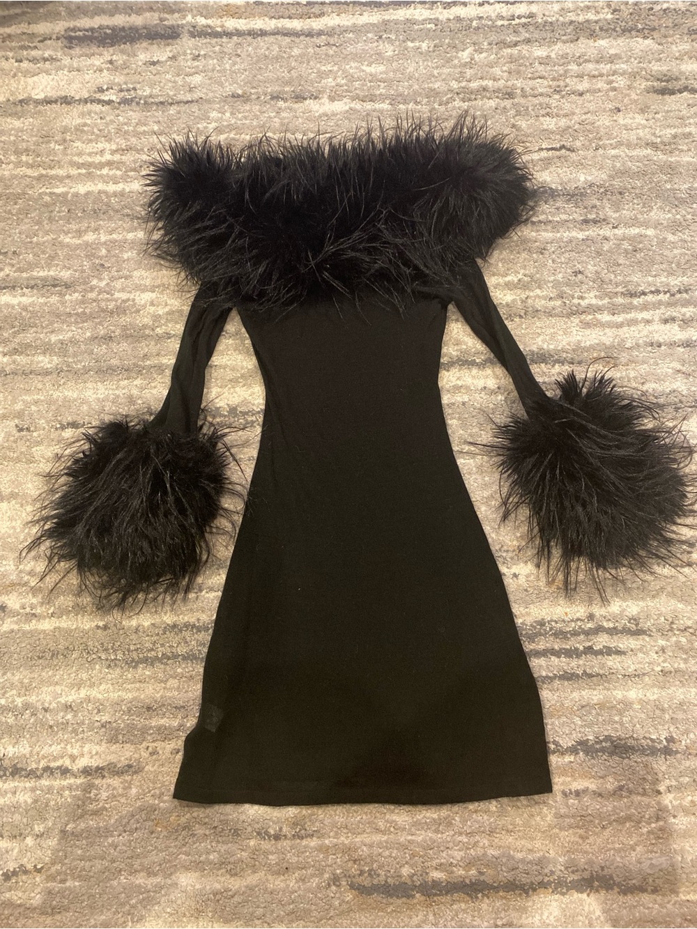 AKIRA Black Off-Shoulder Mini Dress with Feather Trim